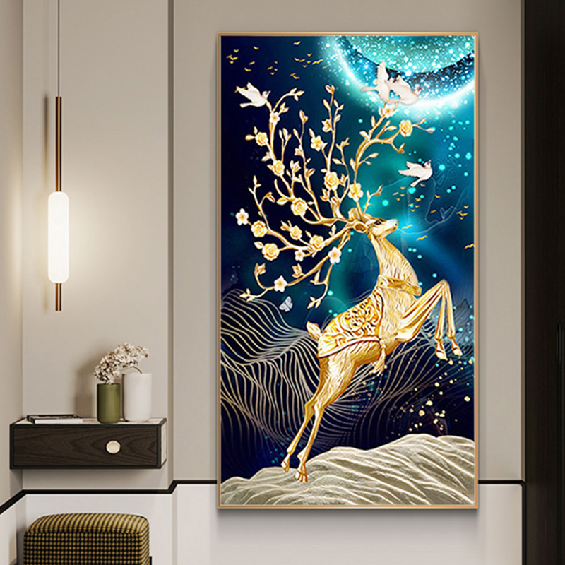 2024新款十字绣玄关发财鹿梅花鹿客厅竖版自己绣手工线绣钻石画砖