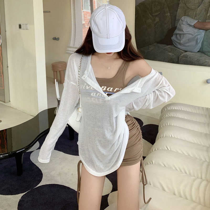 网红套装夏装性感吊带印花无袖背心裙配薄款防晒长袖V领T恤两件套