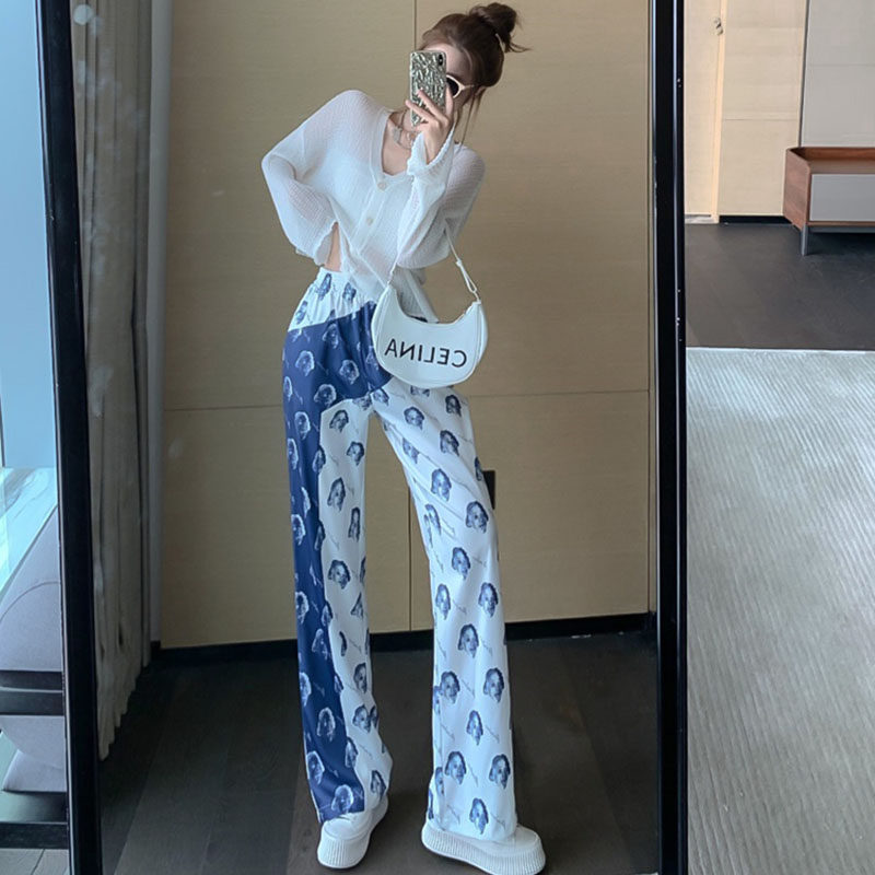 套装女夏镂空宽松针织衫防晒罩衫印花撞色休闲长裤套装裤两件套夏