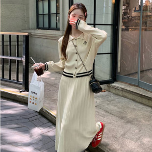 新款 学院风长袖 春季 韩版 女 针织开衫 高腰气质半身裙气质甜辣套装