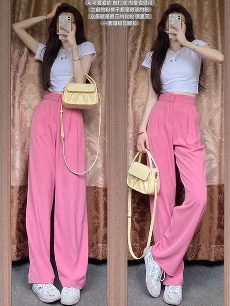 2022夏季新款甜辣风白色短款上衣女高腰粉色运动阔腿长裤两件套装
