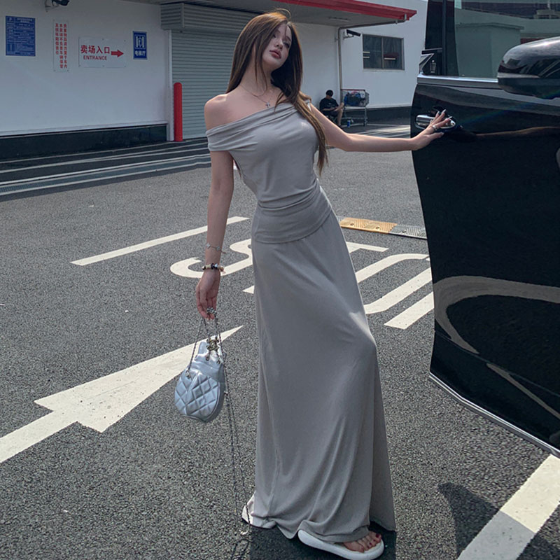 露背挂脖上衣女高腰垂感半身裙