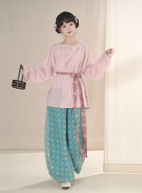 织春集【团子】原创汉服唐制复原风印花中长圆领袄腰带裤子春夏女