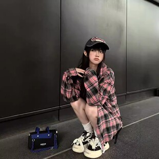 黑粉格子衬衫女春夏新款衬衫男女美式复古长袖衬衣外套休闲宽松