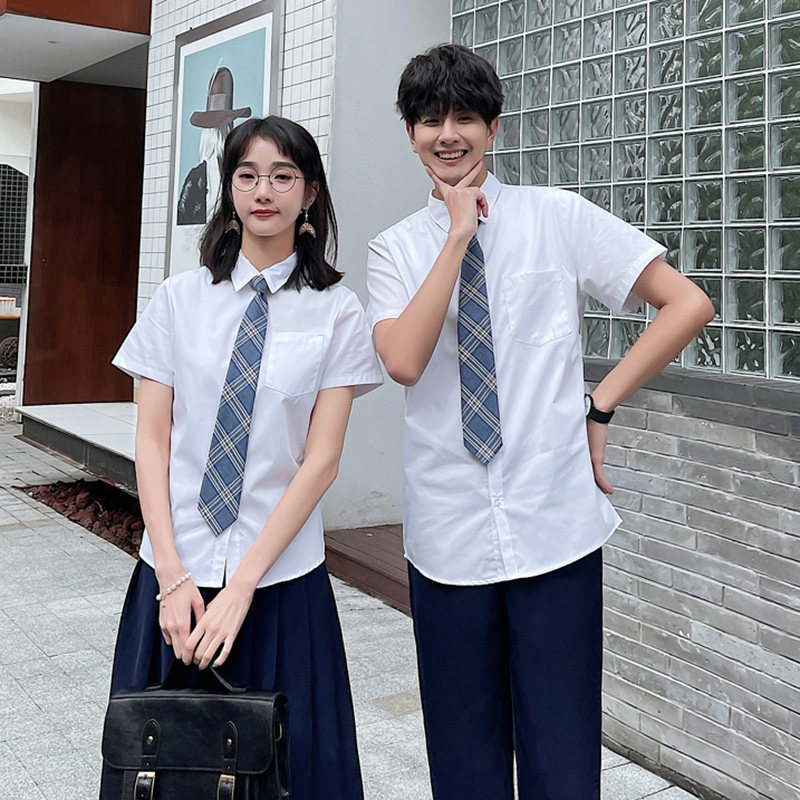 日系jk制服毕业拍照班服短袖衬衫女大码白色学院风夏季领带高中生图片