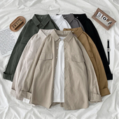 韩版 女学生长袖 宽松百搭外套潮 复古bf风情侣纯色衬衫 春夏2026新款