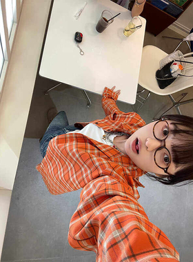 橙色格子衬衫男女2026春秋季美式复古休闲宽松慵懒长袖衬衣外套