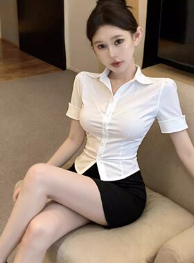 白色性感上衣女收腰短袖白衬衫长袖修身秘书OL纯欲制服空姐工作服