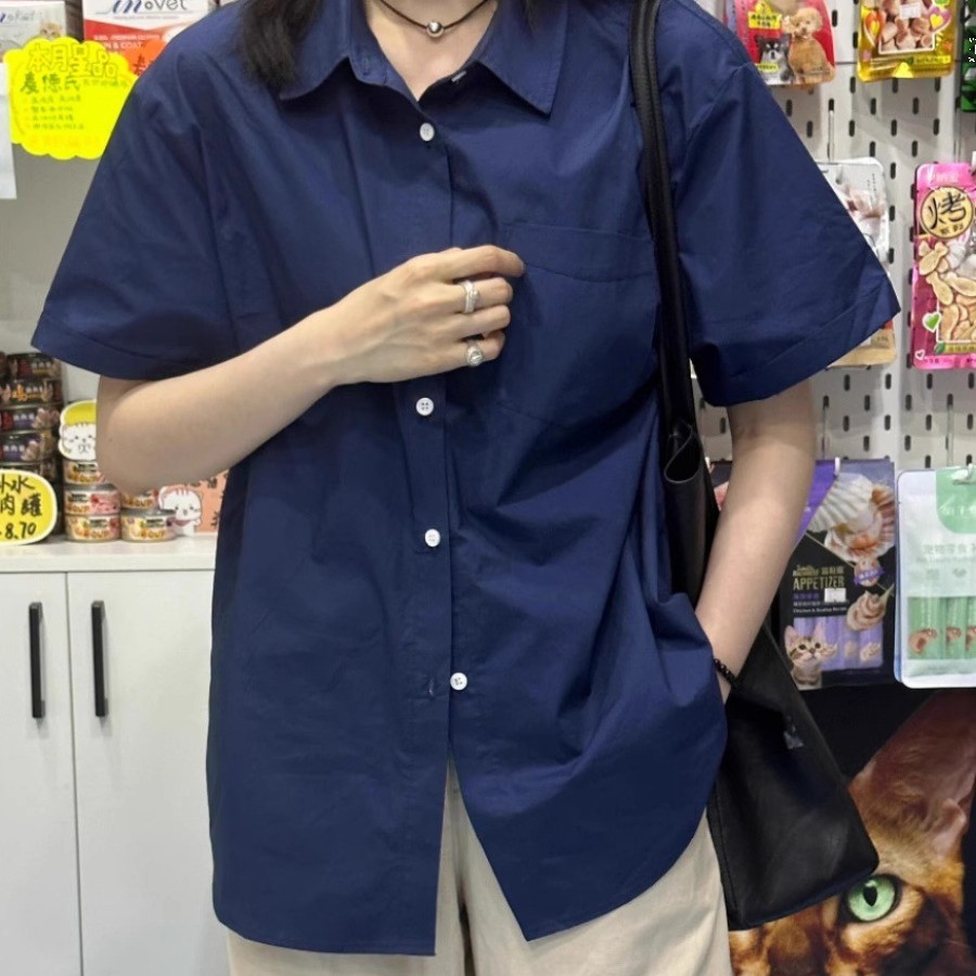 藏蓝色短袖衬衫女高级感休闲简约职场穿搭宽松显瘦纯色上翻领衣