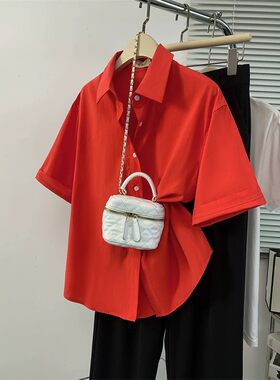 法式纯色红色短袖衬衫女2026夏新款洋气减龄百搭显瘦polo领上衣