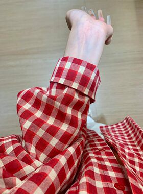 港味慵懒风红色格子衬衫外套女小个子高级感衬衣外搭薄款上衣潮