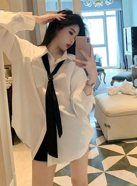 JK学姐白色OL衬衫女春秋领带设计感小众休闲宽松长袖外套中长款