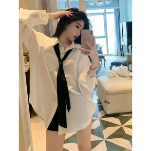 外套中长款 JK学姐白色OL衬衫 女春秋领带设计感小众休闲宽松长袖