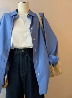 法式蓝色polo衬衫女春秋宽松显瘦长袖上衣设计感外套小众外搭衬衣