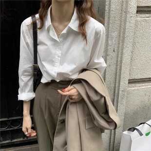 盐系白色新款衬衫女春秋韩范宽松百搭显瘦轻熟复古港味职业衬衣