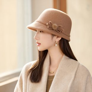 高品质羊毛呢渔夫帽女2025秋冬英伦法式赫本风复古气质款贵妇盆帽