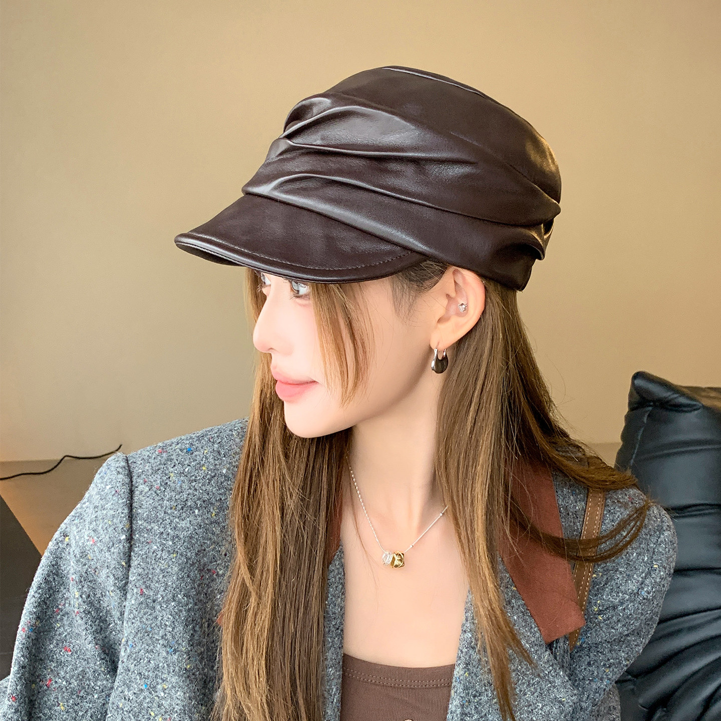 显脸小黑色网红pu皮质八角帽子女鸭舌英伦潮秋冬报童帽贝雷帽2025,服饰配件/皮带/帽子/围巾,帽子,淘宝优惠券,粉丝福利购,淘宝优惠卷