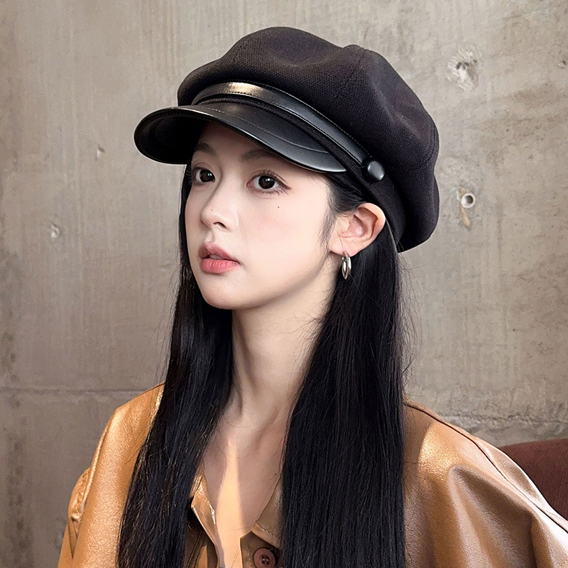 八角帽出游韩版女秋季显脸小pu皮