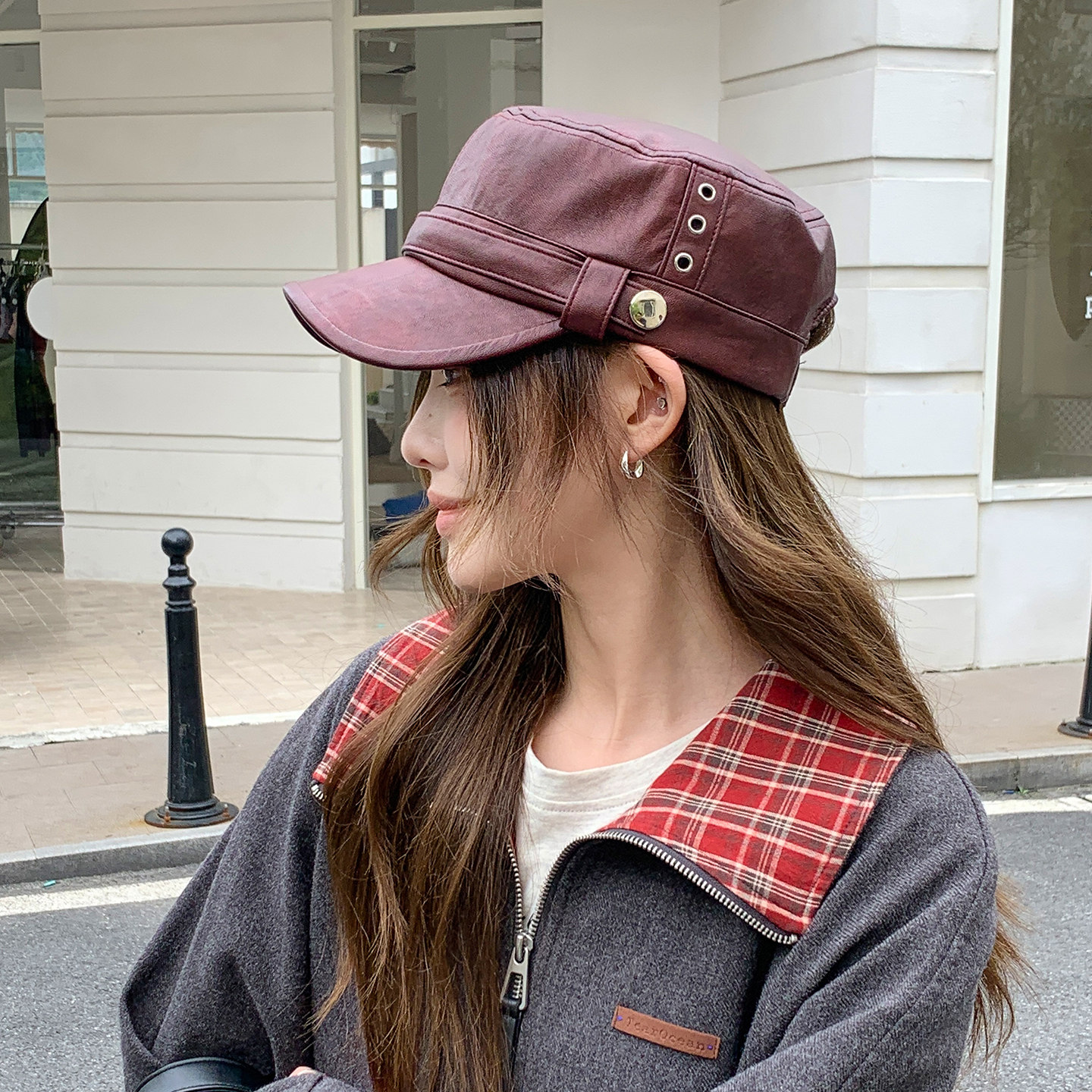 海军风皮檐马术帽女士2026秋冬款时尚休闲平顶显脸小遮阳鸭舌帽子