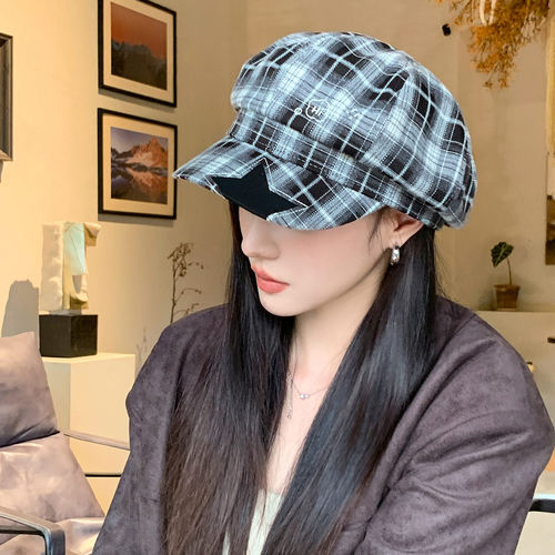 秋冬英伦格纹女报童帽显脸小
