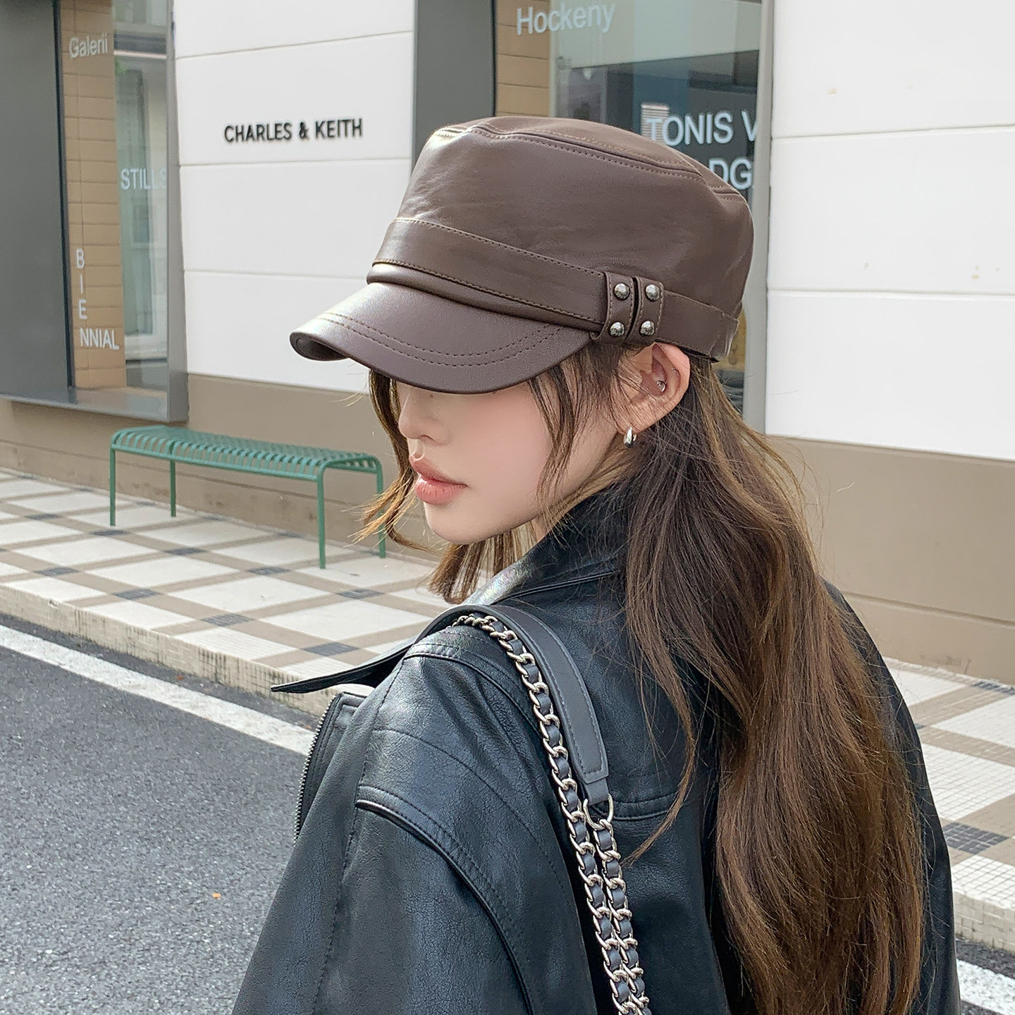 海军风皮檐马术帽女士2026秋冬款时尚休闲平顶显脸小遮阳鸭舌帽子