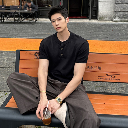 老钱风亨利领针织衫纯色休闲舒适百搭夏季新款潮流毛衣短袖T恤