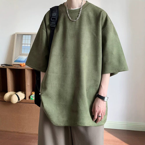 麂皮绒圆领短袖t恤男女夏季重磅美式复古宽松休闲百搭纯色半袖T恤