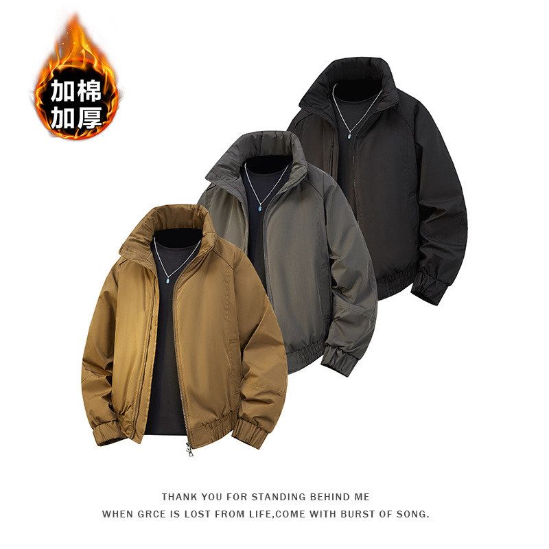 保暖双拉链头立领加棉蓄热抗寒大码工装夹克棉衣男
