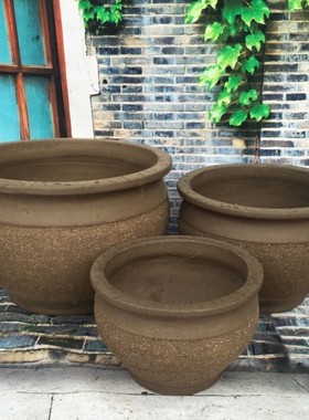 圆形拉毛泥做旧灰色陶盆 透气 园林装饰 种花园摆设家居宜兴陶瓷
