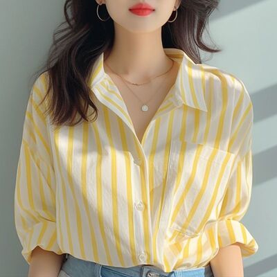 欧货黄白色竖条纹衬衫女2026早春新款衬衣欧货洋气小衫海边防晒衫