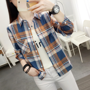 韩版 新款 复古港味打底衫 衣大码 休闲单穿外套 格子衬衫 春秋装 女长袖