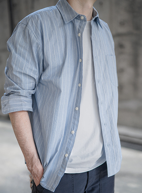 小溪原创春秋纯棉男士蓝色细白条纹复古衬衫时尚休闲百搭宽松上衣