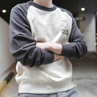 2025秋季美式式休闲拼接圆领印花卫衣男韩版时尚帅气宽松打底体恤