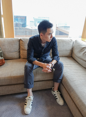 余文乐款秋装原创修身咔叽长袖男士衬衫藏青色纺纯棉休闲青年衬衣