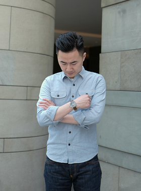 小溪原创春秋复古纯色衬衫男长袖青少年休闲纯棉修身潮流帅气衬衣