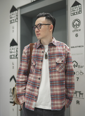 小溪原创复古长袖格子衬衫男秋季新款潮牌阿美咔叽宽松痞帅衬衣男