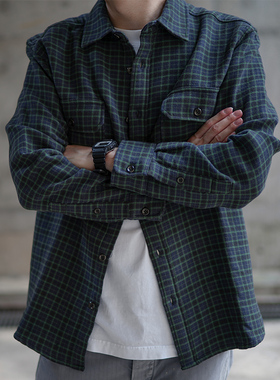 小溪自制美式咔叽复古水洗宽松休闲大学生长袖黑绿格子衬衫外套男