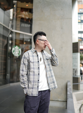 小溪原创美式复古米黄格子衬衫男士长袖全棉春秋宽松衬衣休闲外套