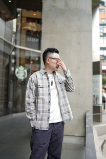 长袖 男士 全棉春秋宽松衬衣休闲外套 复古米黄格子衬衫 小溪原创美式