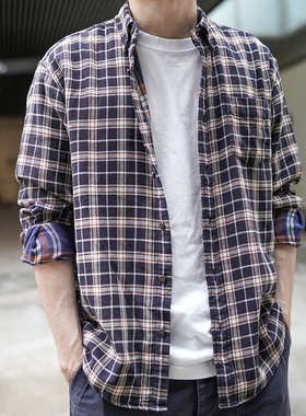 小溪原创纯棉格子衬衫男士休闲宽松复古潮牌春秋季高级感长袖衬衣