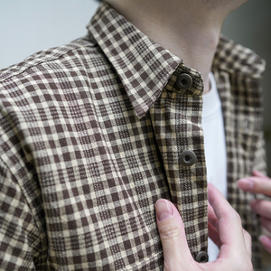 美式复古咖啡格子衬衫男纯棉宽松秋冬休闲高级感潮流港风日系外套