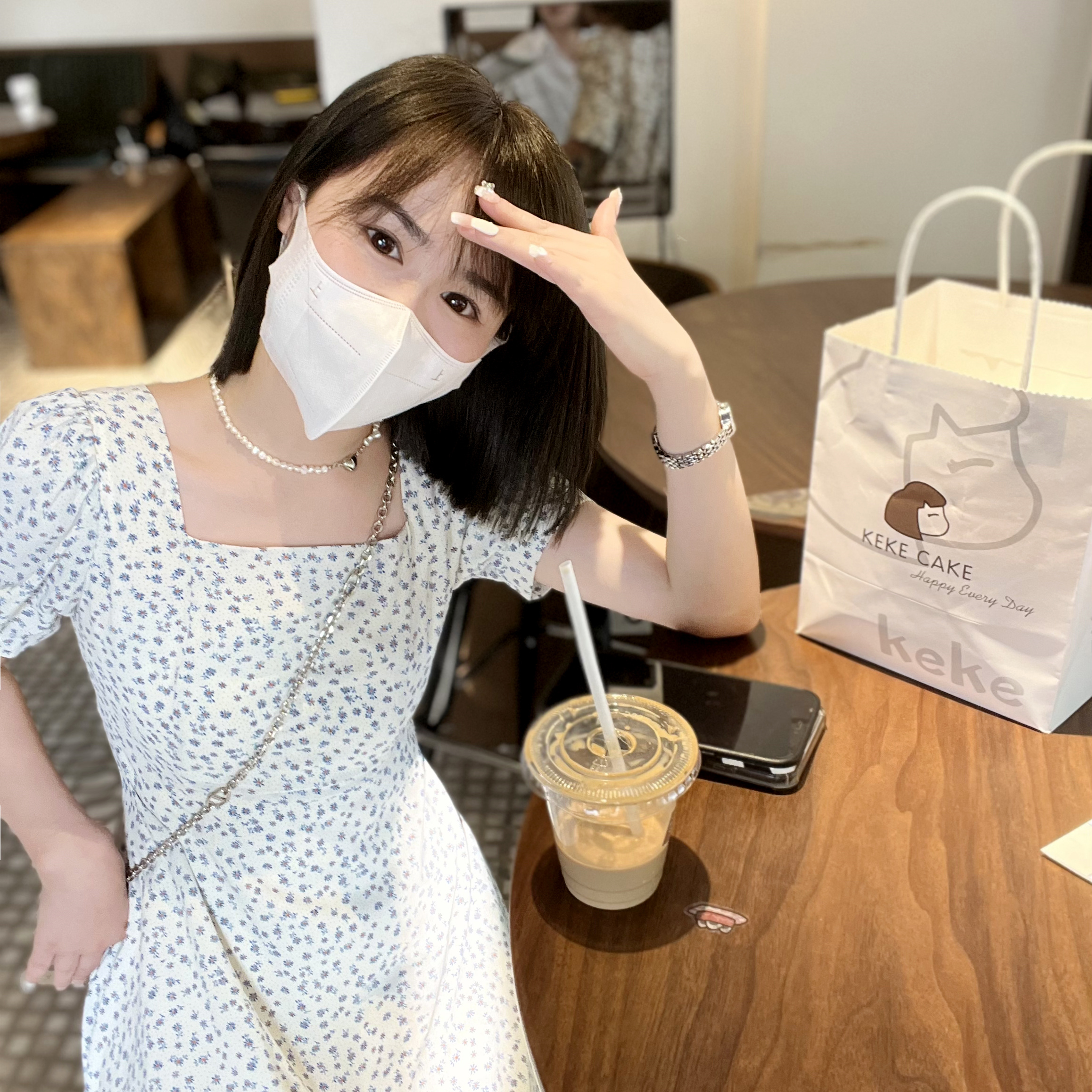 有米小个子150连衣裙方领显瘦碎花短袖裙高腰2022年夏显高碎花裙