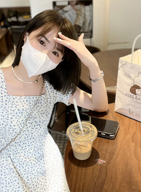 有米小个子150连衣裙方领显瘦碎花短袖裙高腰2022年夏显高碎花裙