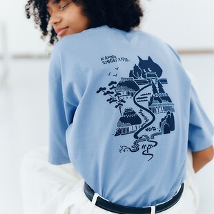 25日系NYA惊讶猫小刺绣背后田园图案印花短袖纯棉休闲情侣T恤男女