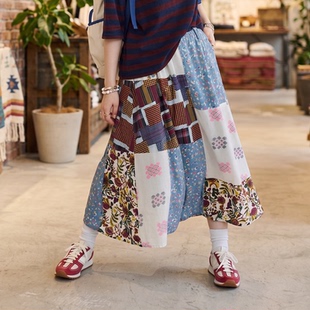26夏装新款日系植物花卉森女风碎花彩色拼接半身裙抽绳松紧腰裙子