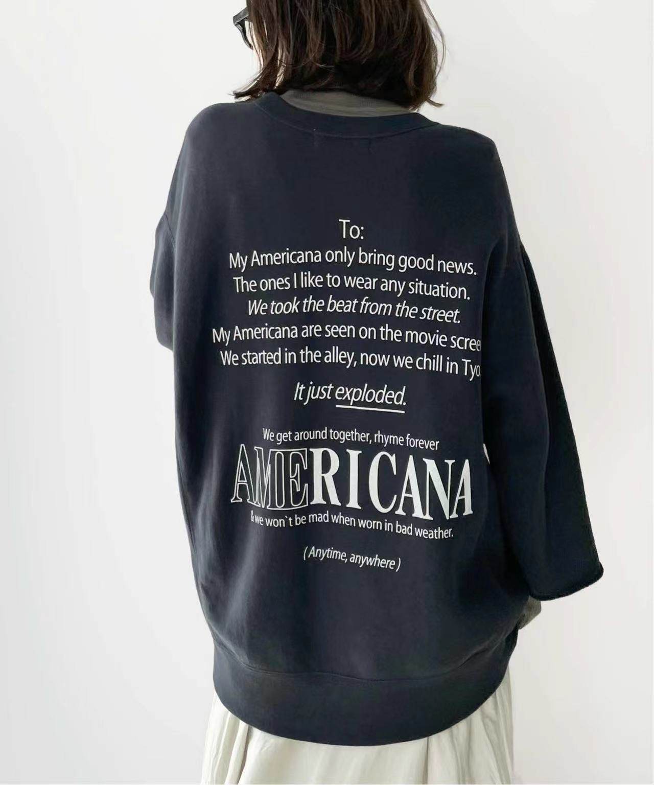 春季新款日系AMERICANA字母印花八分毛圈卷边袖美式街头潮流卫衣