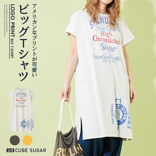 夏季新款日系cube sugar美式复古做旧印花斜拼接T恤裙短袖连衣裙