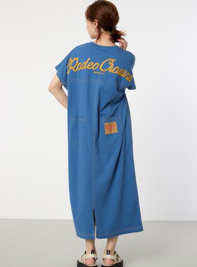 24夏装RODEO美式复古字母印花后口袋拼接长裙RCWB明线T恤连衣裙女