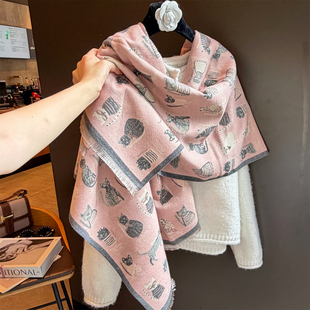 高档送礼粉色可爱猫咪围巾女2025冬季新款双面仿羊绒披肩保暖围脖