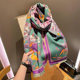 紫色油画高级感送礼礼盒围巾女士外搭披肩冬季双面仿羊绒保暖围脖